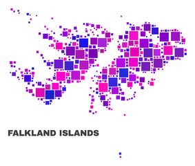 Mosaic Falkland Islands map isolated on a white background. Vector geographic abstraction in pink and violet colors. Mosaic of Falkland Islands map combined of random square elements.