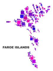 Mosaic Faroe Islands map isolated on a white background. Vector geographic abstraction in pink and violet colors. Mosaic of Faroe Islands map combined of scattered square items.
