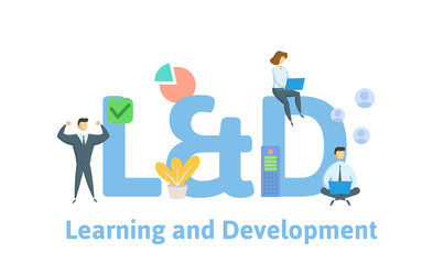 L and D, Learning and Development. Concept with keywords, letters and icons. Colored flat vector illustration. Isolated on white background.