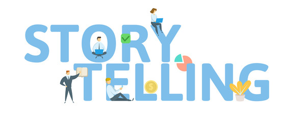 STORYTELLING. Concept with people, letters and icons. Colored flat vector illustration. Isolated on white background.
