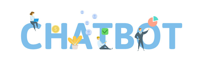 CHATBOT. Concept with people, letters and icons. Colored flat vector illustration. Isolated on white background.