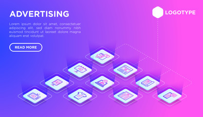 Advertising web page template with thin line isometric icons: billboard, street ads, newspaper, magazine, product promotion, email, GEO targeting, social media. Vector illustration.
