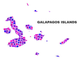 Mosaic Galapagos Islands map isolated on a white background. Vector geographic abstraction in pink and violet colors. Mosaic of Galapagos Islands map combined of random square elements.