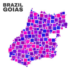 Mosaic Goias State map isolated on a white background. Vector geographic abstraction in pink and violet colors. Mosaic of Goias State map combined of random square elements.