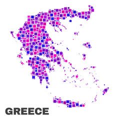 Mosaic Greece map isolated on a white background. Vector geographic abstraction in pink and violet colors. Mosaic of Greece map combined of scattered square elements.