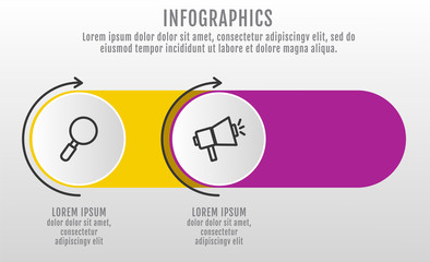 Modern and simple 3D vector illustration. Infographic template with two circles, elements, sectors and arrows. Designed for business, presentations, web design, interface 2 step diagrams