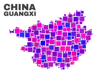 Mosaic Guangxi Province map isolated on a white background. Vector geographic abstraction in pink and violet colors. Mosaic of Guangxi Province map combined of scattered small squares.