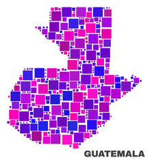 Mosaic Guatemala map isolated on a white background. Vector geographic abstraction in pink and violet colors. Mosaic of Guatemala map combined of scattered small squares.