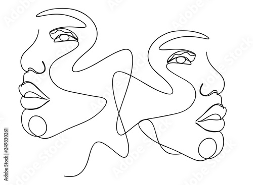 Continuous Line Drawing Of Set Faces And Hairstyle Fashion