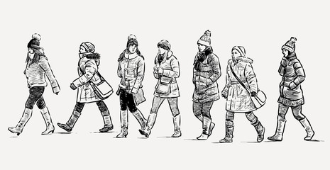 Fototapeta premium Sketch of schoolgirls going on an excursion