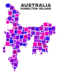 Mosaic Hamilton Island map isolated on a white background. Vector geographic abstraction in pink and violet colors. Mosaic of Hamilton Island map combined of scattered small squares.
