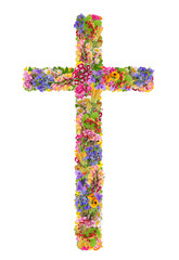Easter cross of Jesus  made from summer  plants and flowers isolated