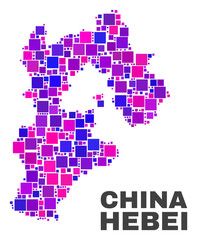 Fototapeta na wymiar Mosaic Hebei Province map isolated on a white background. Vector geographic abstraction in pink and violet colors. Mosaic of Hebei Province map combined of scattered small squares.