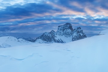 Mountain landscape panoramic view with cloud sky Gorgeous winter day in Dolomites, Italy. Colorful outdoor scene, Happy New Year celebration concept. Panorama of white winter mountains with snow