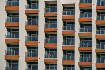 Building facade with balcony exterior, modern architecture pattern as city background