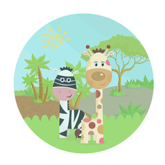 Zebra with giraffe in nature. Cartoon color vector illustration in a circle, landscape with animals palm trees and grass-Vector
