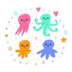 Set of cute octopuses. Vector illustration for greeting card, t shirt, print, stickers, posters design on white background.