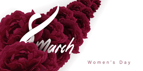8 march women's day, realistic rose and brush lettering greeting card, vector illustration