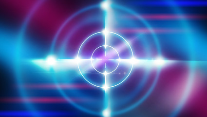 Futuristic abstract background with neon target, laser beams and a searchlight.