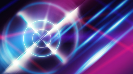 Futuristic abstract background with neon target, laser beams and a searchlight.