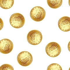 Bitcoin golden coin seamless pattern. Golden rain of flying money. Vector illustration icolated on a white background.