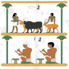 Ancient egypt background. Man lead cows and goat. Scribes at work. Egypt scribes write at papyrus. Historical background. Ancient people