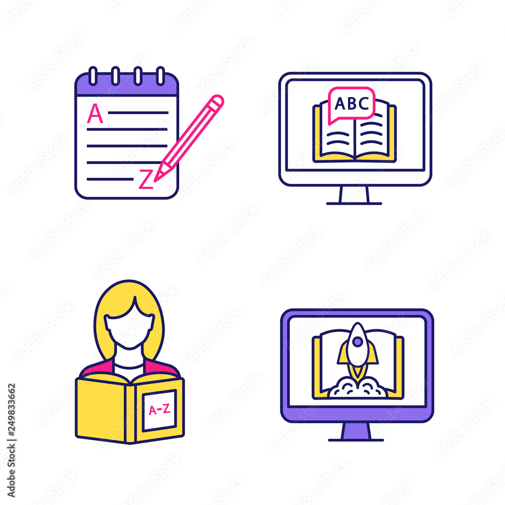 Poster foreign language learning color icons set