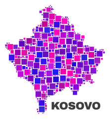 Fototapeta premium Mosaic Kosovo map isolated on a white background. Vector geographic abstraction in pink and violet colors. Mosaic of Kosovo map combined of scattered square items.