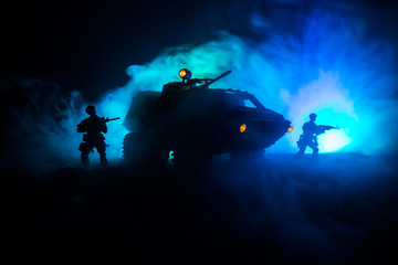 War Concept. Military silhouettes fighting scene on war fog sky background, World War German Tanks...