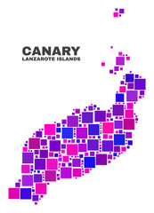 Mosaic Lanzarote Islands map isolated on a white background. Vector geographic abstraction in pink and violet colors. Mosaic of Lanzarote Islands map combined of random square items.
