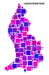 Mosaic Liechtenstein map isolated on a white background. Vector geographic abstraction in pink and violet colors. Mosaic of Liechtenstein map combined of scattered square items.