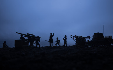 An anti-aircraft cannon and Military silhouettes fighting scene on war fog sky background. Allied air forces attacking on German positions. Artwork decorated scene.