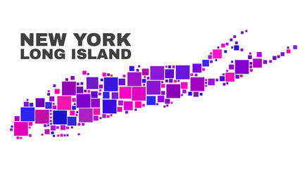 Mosaic Long Island map isolated on a white background. Vector geographic abstraction in pink and violet colors. Mosaic of Long Island map combined of random small squares.