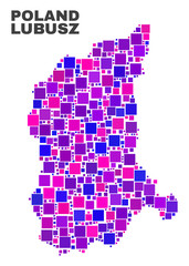 Mosaic Lubusz Voivodeship map isolated on a white background. Vector geographic abstraction in pink and violet colors. Mosaic of Lubusz Voivodeship map combined of scattered square elements.