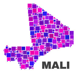 Fototapeta na wymiar Mosaic Mali map isolated on a white background. Vector geographic abstraction in pink and violet colors. Mosaic of Mali map combined of random square elements.