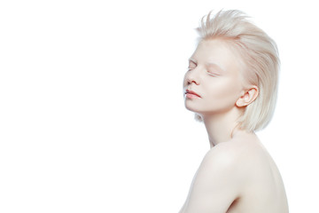 beautiful albino girl on white background - obrazy, fototapety, plakaty