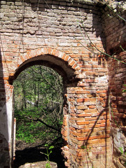 The ruined brick wall of an ancient church. Doorway openings in the wall. Green birch in summer.