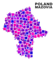 Mosaic Masovian Voivodeship map isolated on a white background. Vector geographic abstraction in pink and violet colors. Mosaic of Masovian Voivodeship map combined of random square elements.