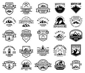 Big set of mountain camp, outdoor adventure emblems. Design element for logo, emblem, sign, label. Vector illustration