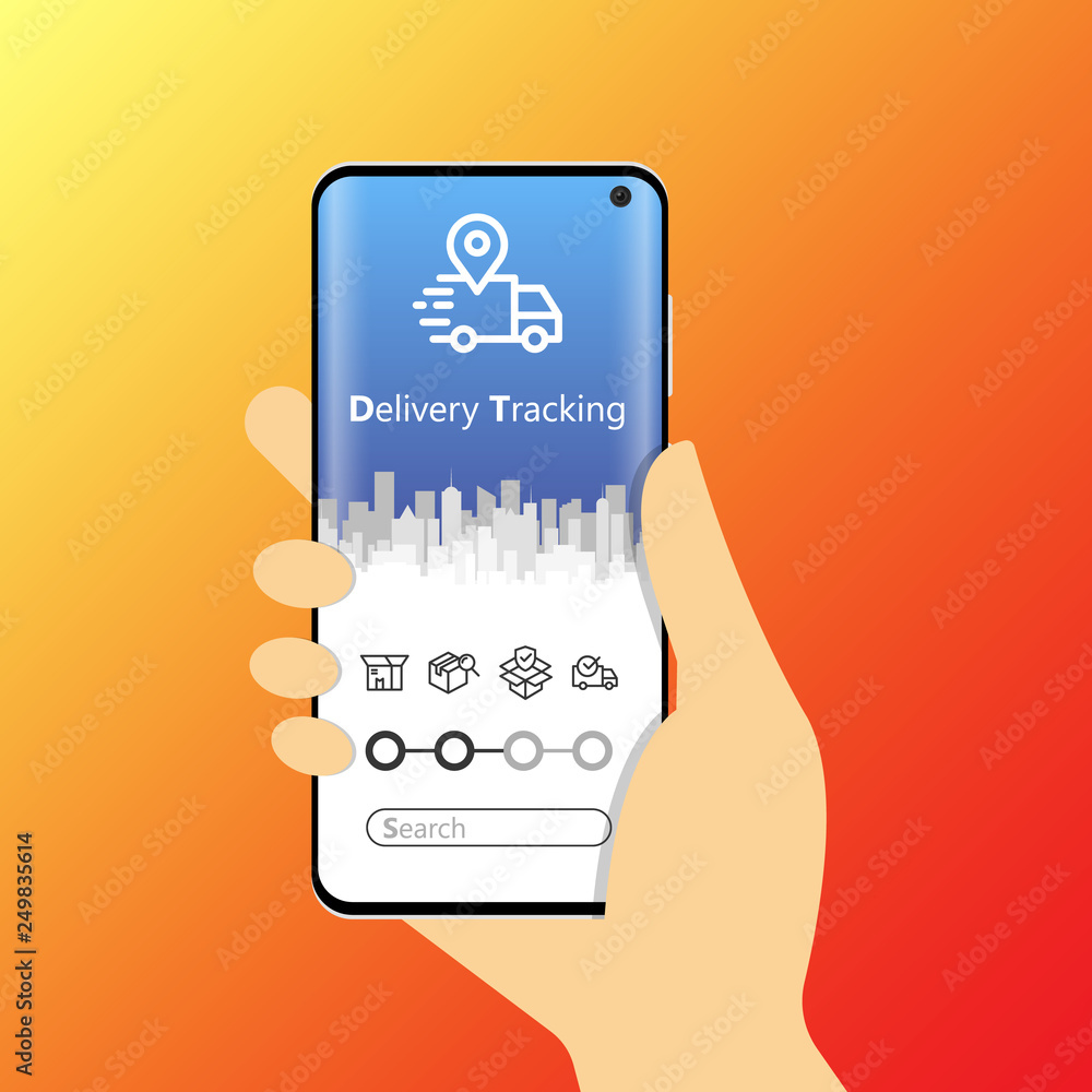 Poster hand holding mobile smart phone with mobile app delivery tracking. vector modern flat creative info 