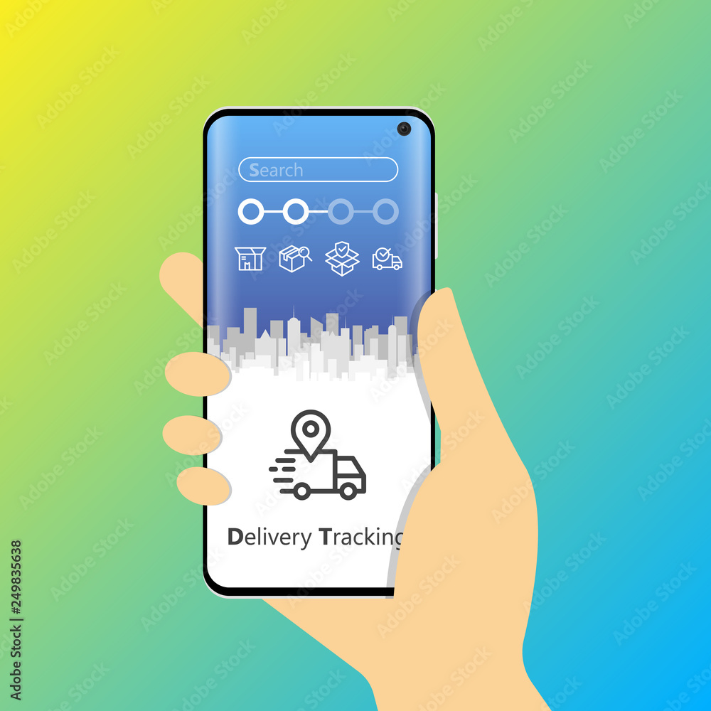 Poster hand holding mobile smart phone with mobile app delivery tracking. vector modern flat creative info 