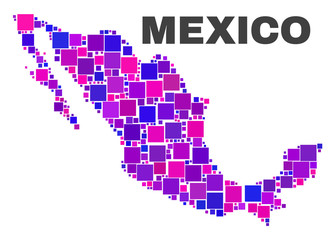 Fototapeta premium Mosaic Mexico map isolated on a white background. Vector geographic abstraction in pink and violet colors. Mosaic of Mexico map combined of random square elements.
