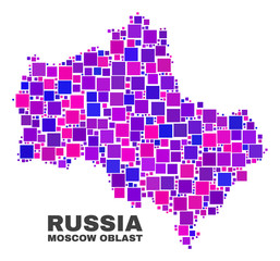 Mosaic Moscow Region map isolated on a white background. Vector geographic abstraction in pink and violet colors. Mosaic of Moscow Region map combined of random square elements.