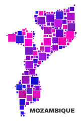Mosaic Mozambique map isolated on a white background. Vector geographic abstraction in pink and violet colors. Mosaic of Mozambique map combined of random square items.