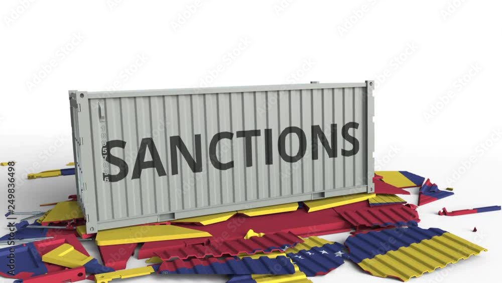 Poster container with sanctions text breaks cargo container with flag of venezuela. embargo or political ex