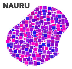 Mosaic Nauru map isolated on a white background. Vector geographic abstraction in pink and violet colors. Mosaic of Nauru map combined of scattered square elements.