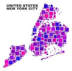 Mosaic New York City map isolated on a white background. Vector geographic abstraction in pink and violet colors. Mosaic of New York City map combined of scattered square elements.