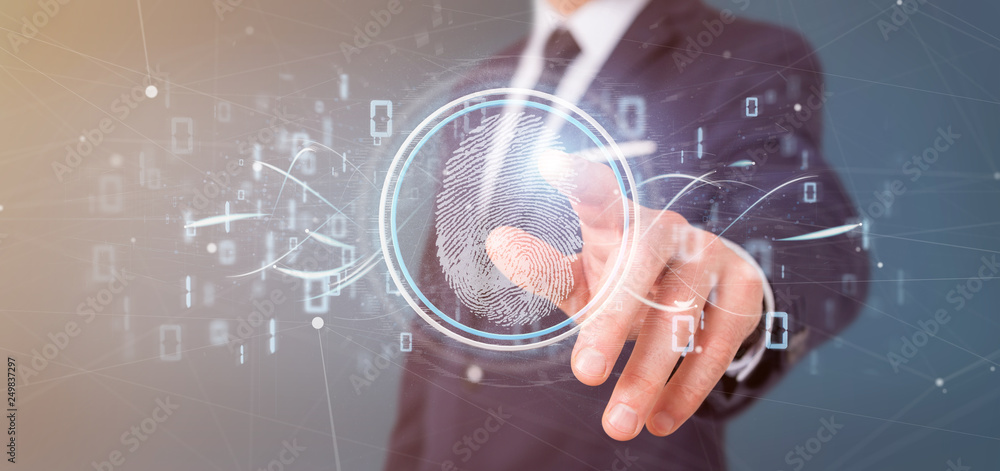 Poster businessman holding a digital fingerprint identification and binary code 3d rendering