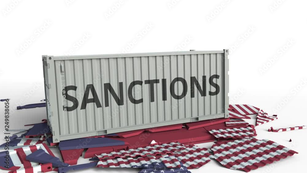 Poster container with sanctions text breaks cargo container with flag of the united states. embargo or poli