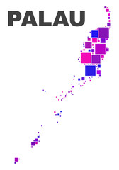 Mosaic Palau map isolated on a white background. Vector geographic abstraction in pink and violet colors. Mosaic of Palau map combined of scattered square items.